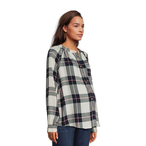 Time and Tru Maternity Misses Small Woven Button Up Top  Blue Plaid Shirt - Picture 1 of 10